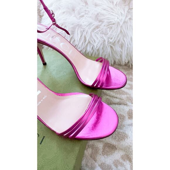 GUCCI  Ilse Metallic Leather Sandals - Fuxia 38.5 - Picture 10 of 12